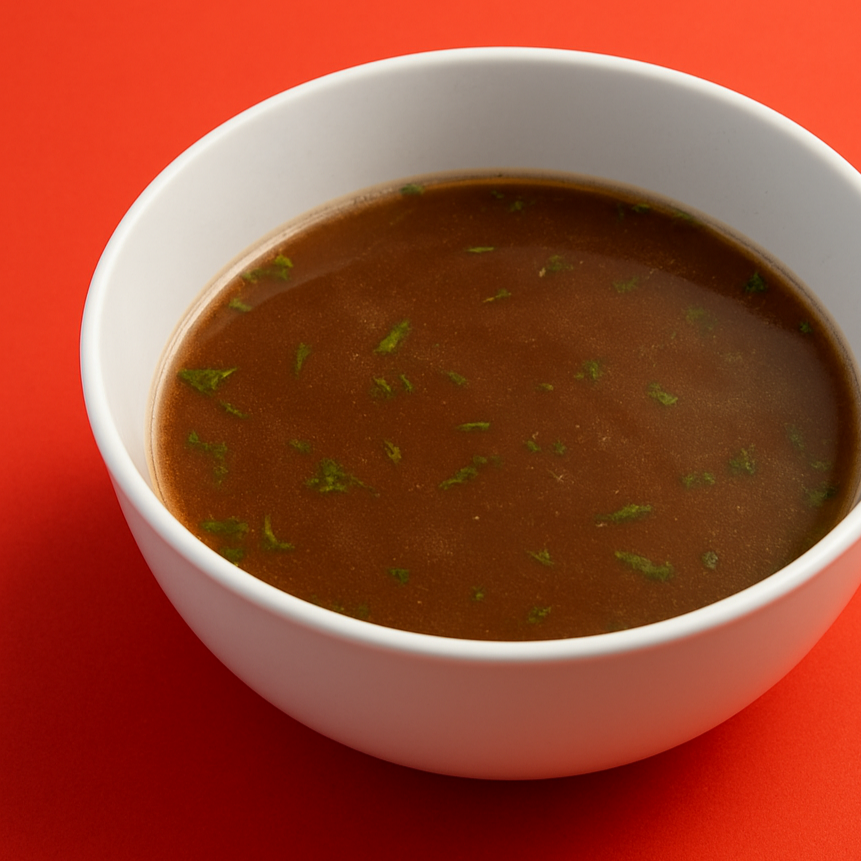 White bowl of brown soup with green herbs on a red background