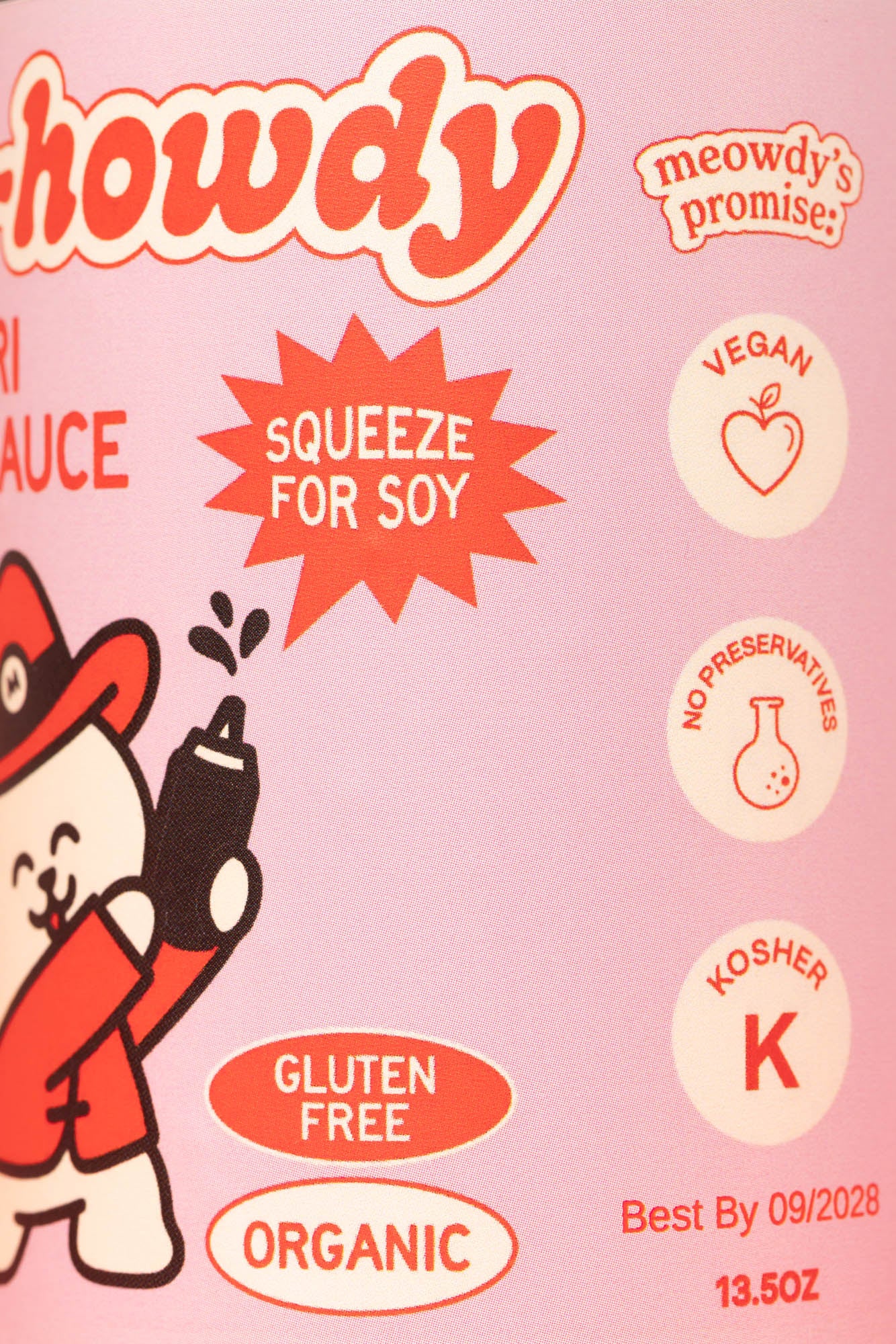 Front of a packaged food product on a pink background with the brand name 'howdy' in large red-and-white lettering, a cartoon character holding a squeeze bottle, and callout badges reading 'Squeeze for soy,' 'Vegan,' 'No Preservatives,' 'Kosher,' 'Gluten Free,' and 'Organic.'.